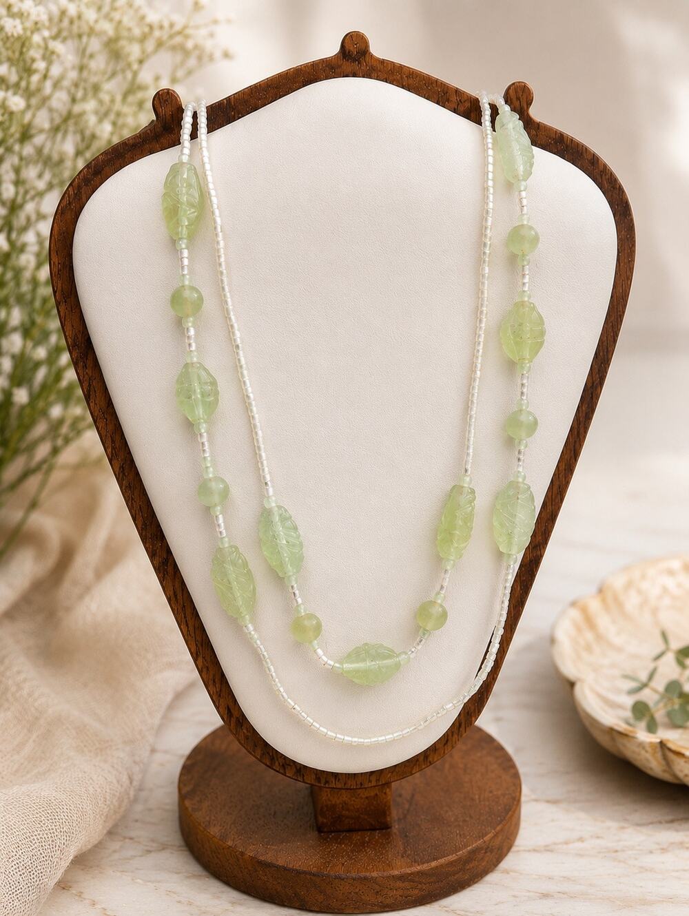 Vintage Green Carved Glass Bead Necklace Czech Bohemian Style Botanical Leaf